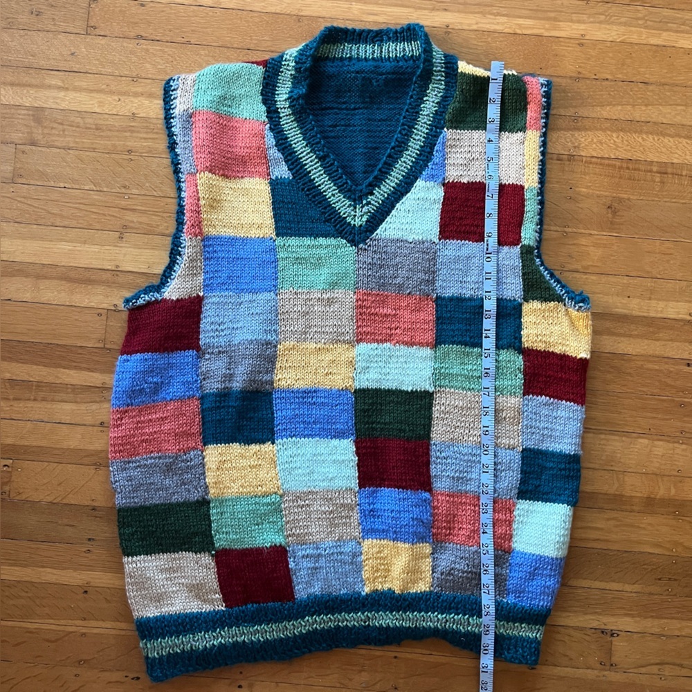 Handknit handmade colorful patchwork sweater vest eclectic grandpa plaid L XL M - Picture 4 of 11
